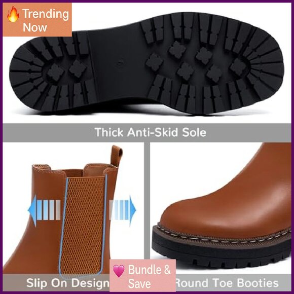 Leather Chelsea Ankle Boots Platform Chunky Heel Slip On Lug Sole - Picture 4 of 8